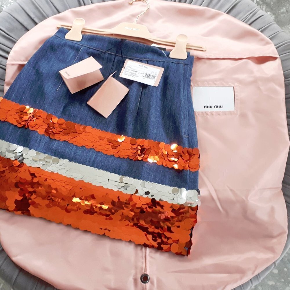 NWT Miu Miu orange silver sequin denim mini skirt - Picture 15 of 16